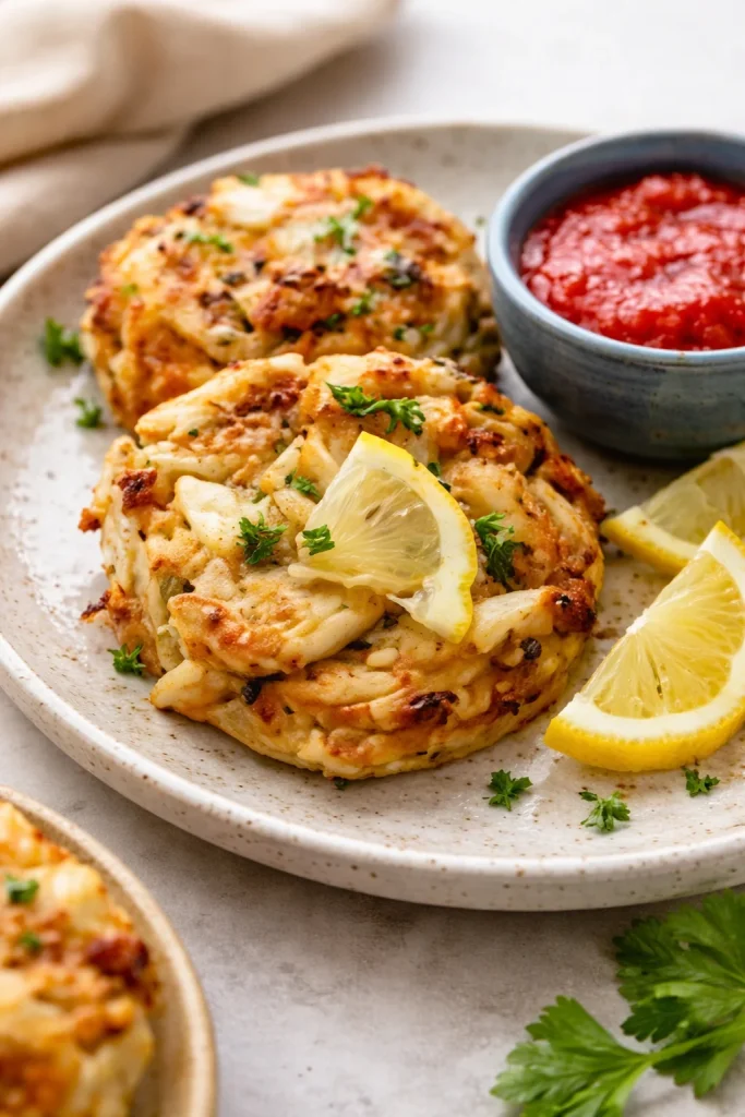 Delicious homemade crab cakes served with dipping sauce