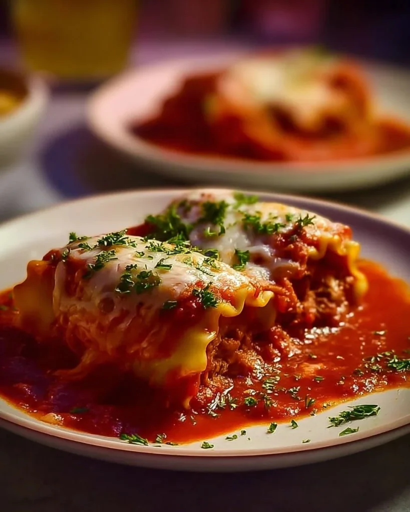 Italian meatball lasagna roll-ups served on a plate with marinara sauce