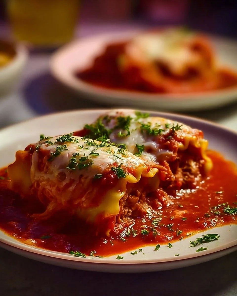 Italian meatball lasagna roll-ups served on a plate with marinara sauce