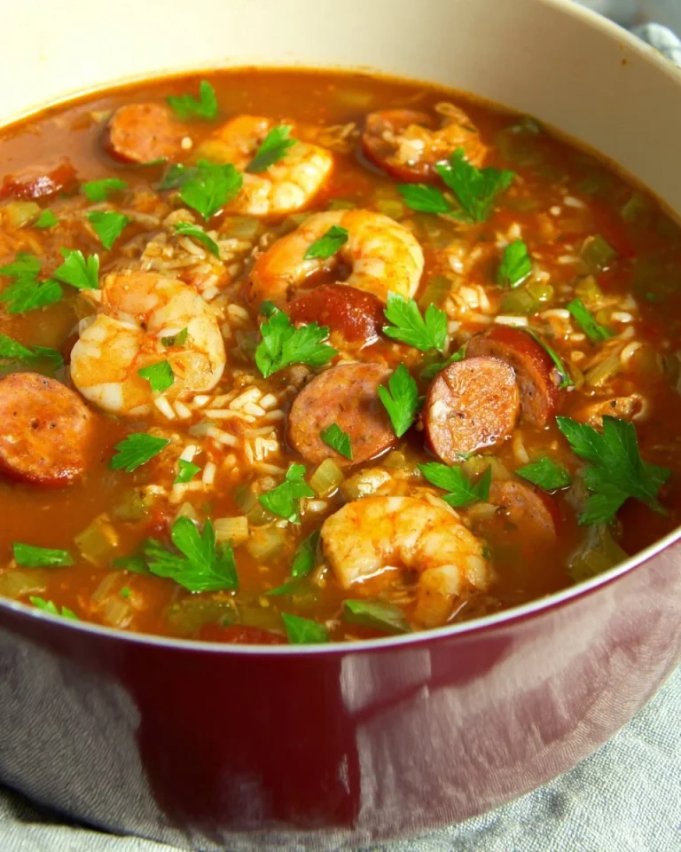 A bowl of flavorful jambalaya soup with rice, sausage, and vegetables
