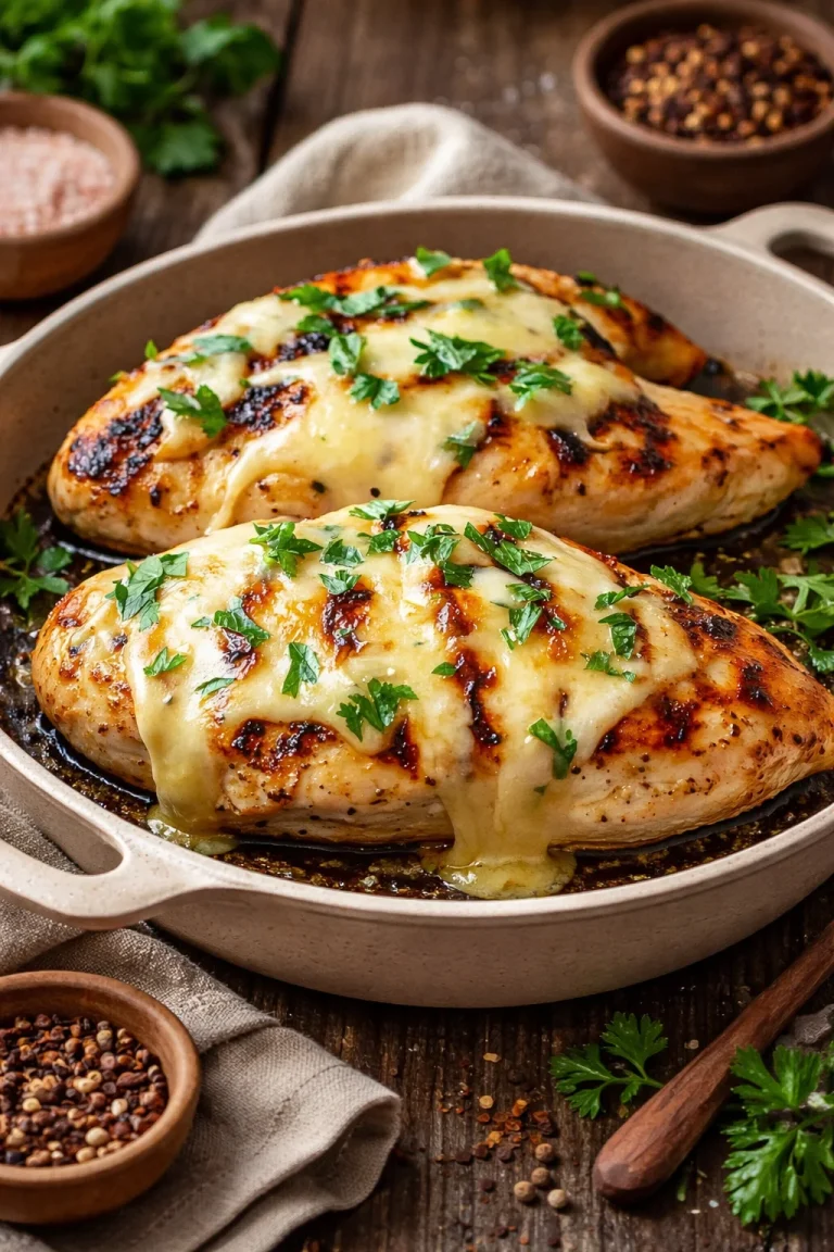 Juicy Baked Caesar Chicken garnished with parsley on a plate