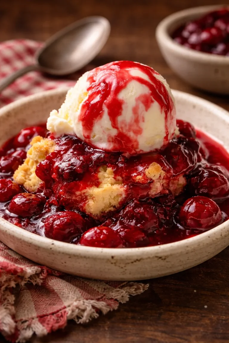 Delicious layered cherry cobbler topped with flaky crust and fresh cherries
