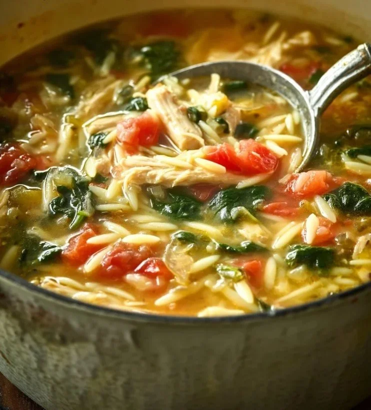 A bowl of Lemon Chicken Orzo Soup with chicken, orzo, and fresh herbs.
