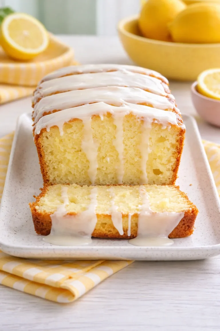 Delicious slice of homemade Lemon Pound Cake with citrus glaze