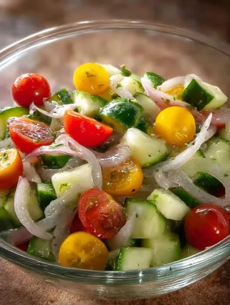 Bowl of marinated cucumbers, onions, and tomatoes