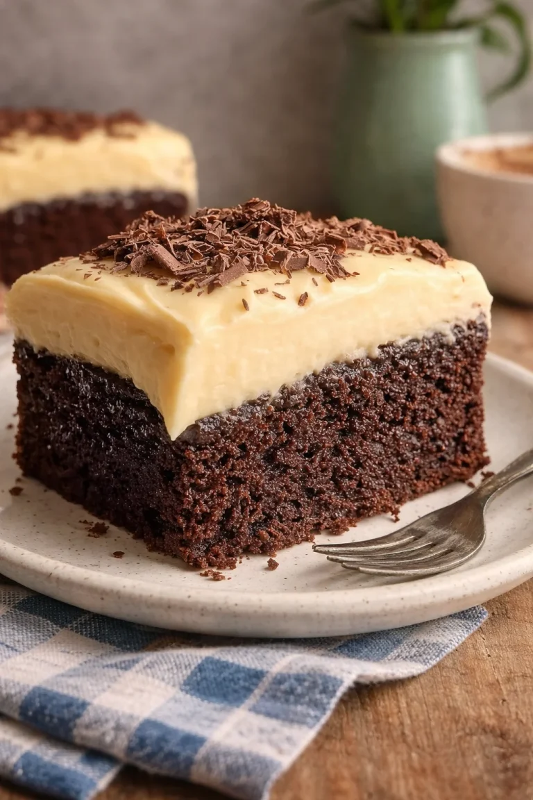 Deliciously moist chocolate cake with rich frosting on a decorative plate