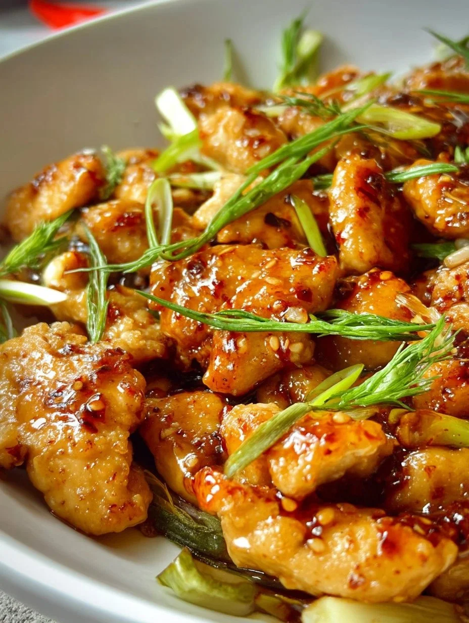 Plate of Mongolian Chicken garnished with scallions and served over rice