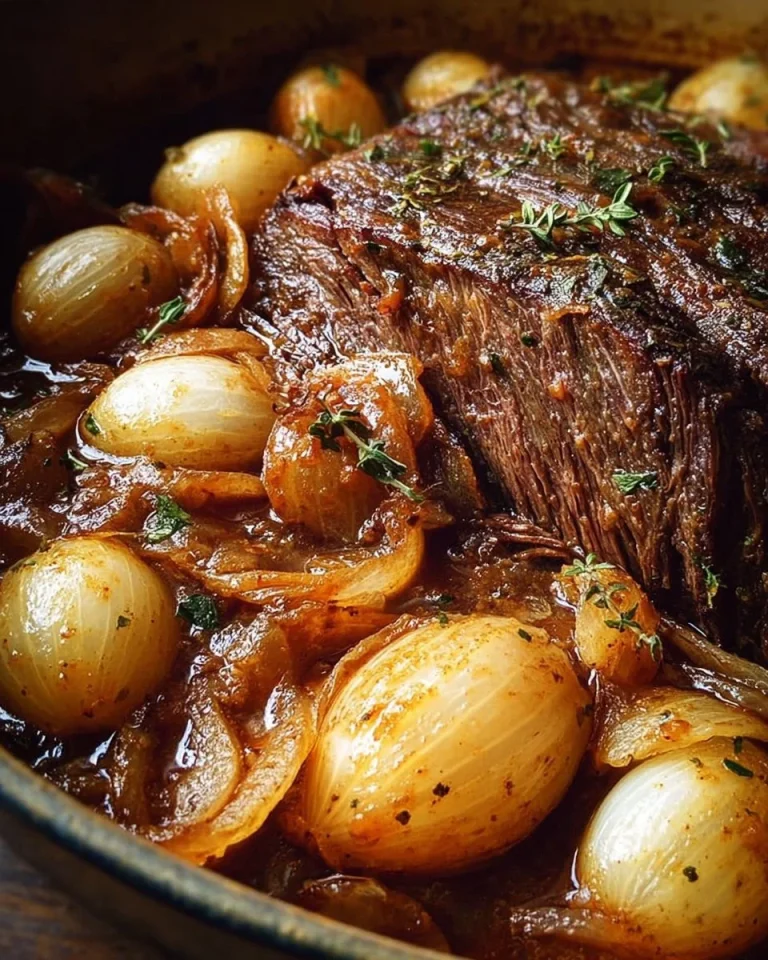 Delicious French onion beef pot roast served with herbs and vegetables