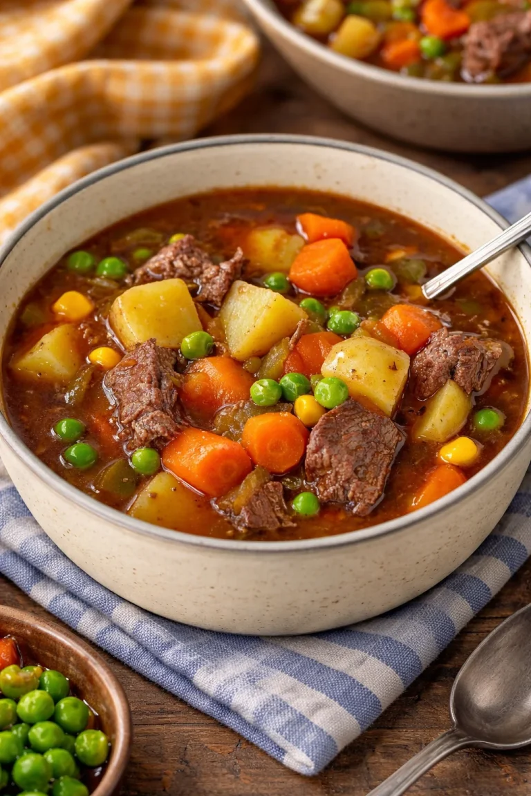 A hearty bowl of Mulligan Stew with vegetables and meat, showcasing a warm meal.