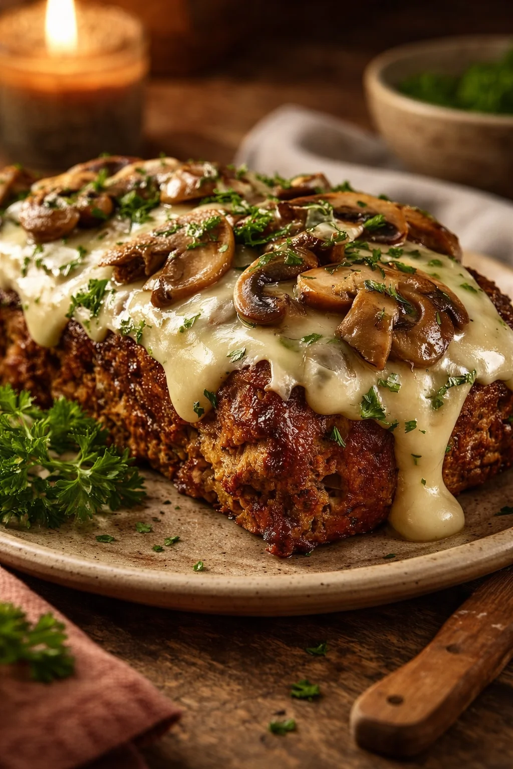 Mushroom Swiss Cheese Meatloaf Delicious Mushroom Swiss Cheese Meatloaf topped with melted cheese and mushrooms