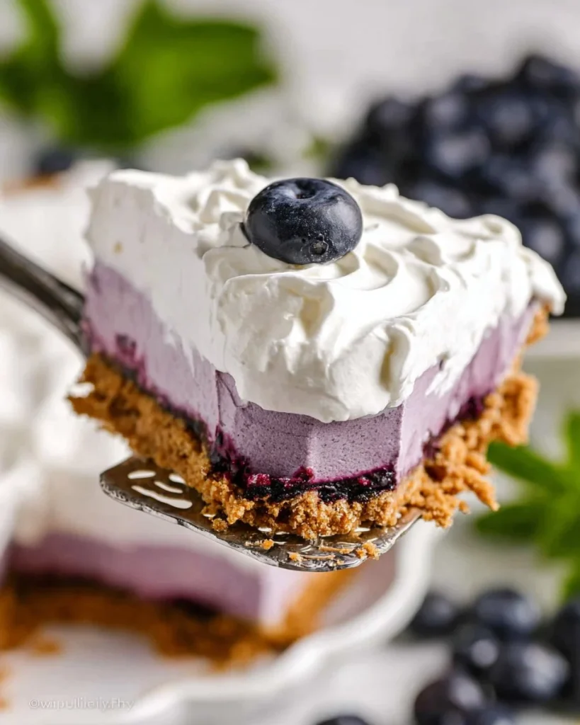 No Bake Blueberry Cream Pie topped with fresh blueberries and whipped cream