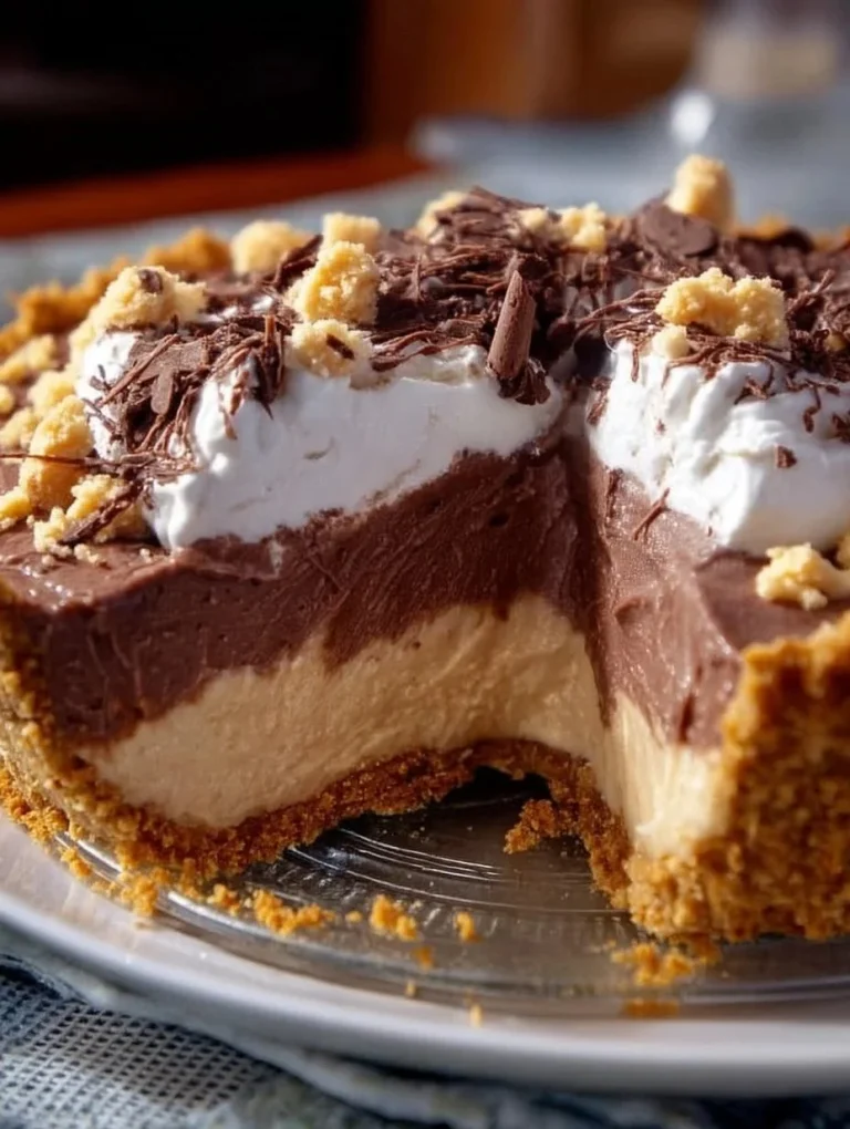 No-Bake Cream Cheese Peanut Butter Pie ready to serve with chocolate drizzle