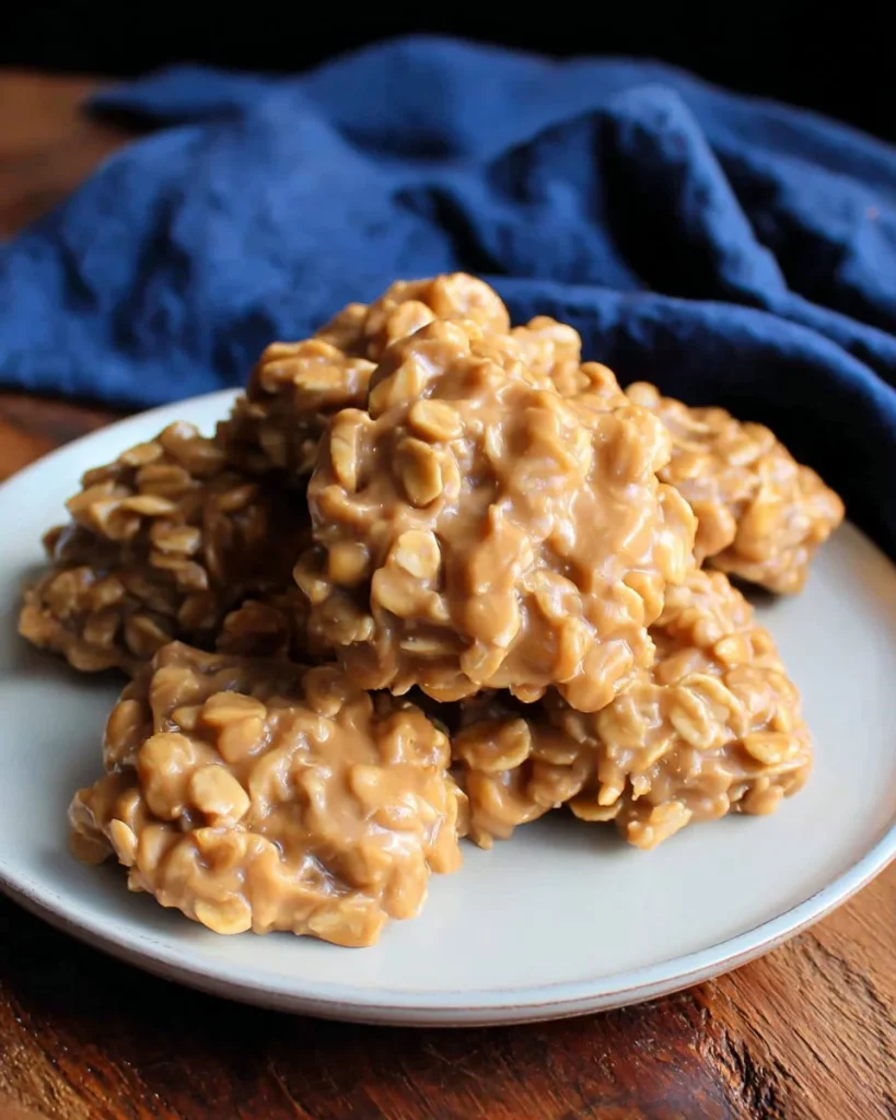 No bake peanut butter oatmeal cookies stacked on a plate