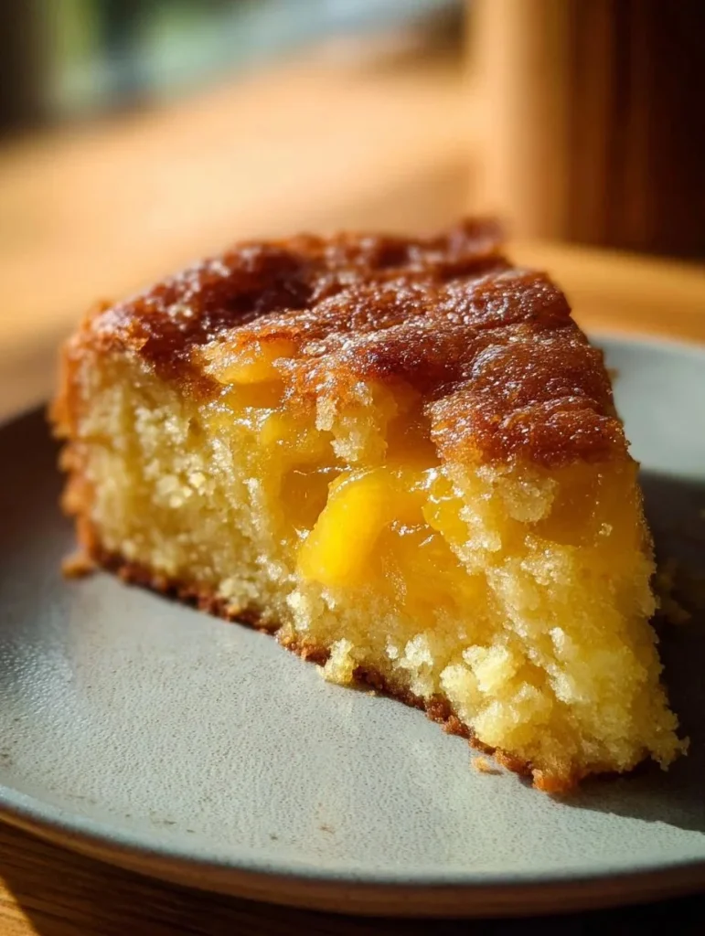 Baked Peach Cobbler Dump Cake served in a dish