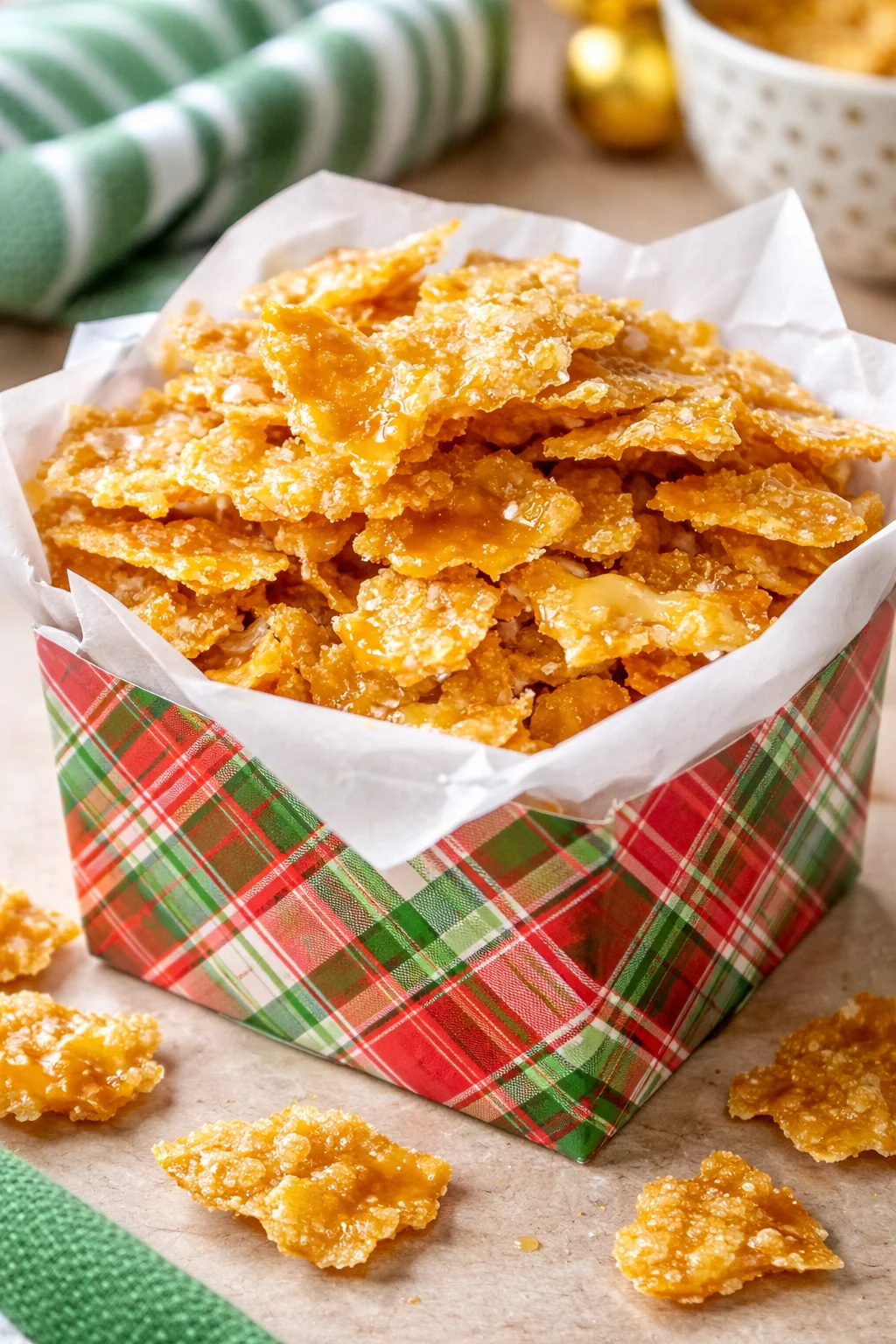 Peanut Brittle Homemade peanut brittle with roasted peanuts and a glass jar for storage