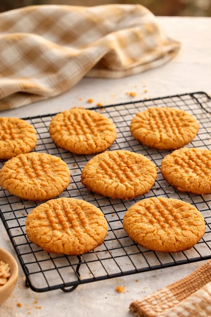 Plate of freshly baked peanut butter cookies on a wooden table