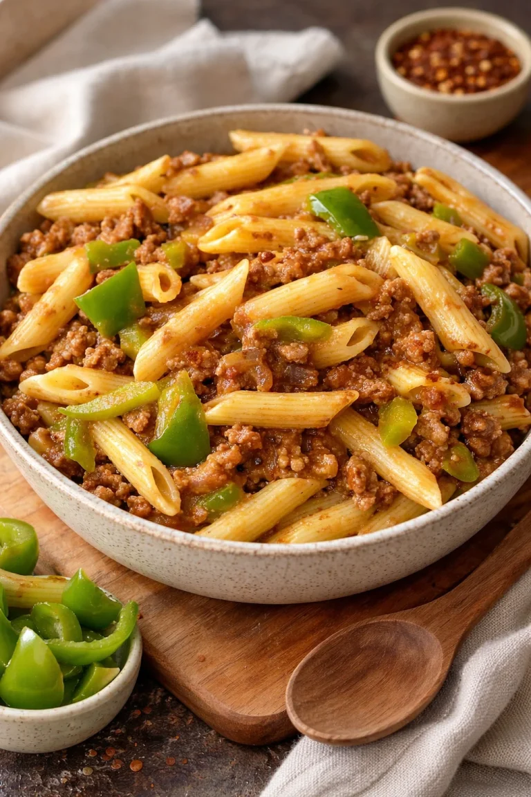 Philly cheesesteak pasta topped with melted cheese and peppers