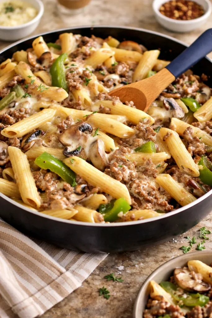 Delicious Philly Cheesesteak Pasta served in a bowl with melted cheese and peppers.