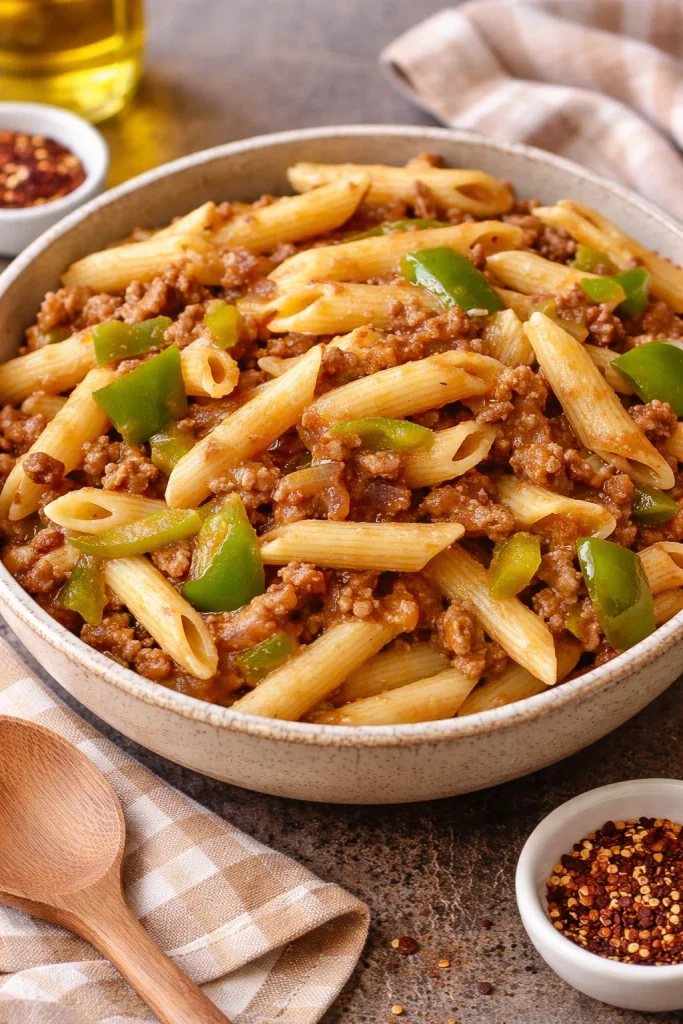 Delicious Philly Cheesesteak Pasta with cheese, steak, and pasta in a creamy sauce