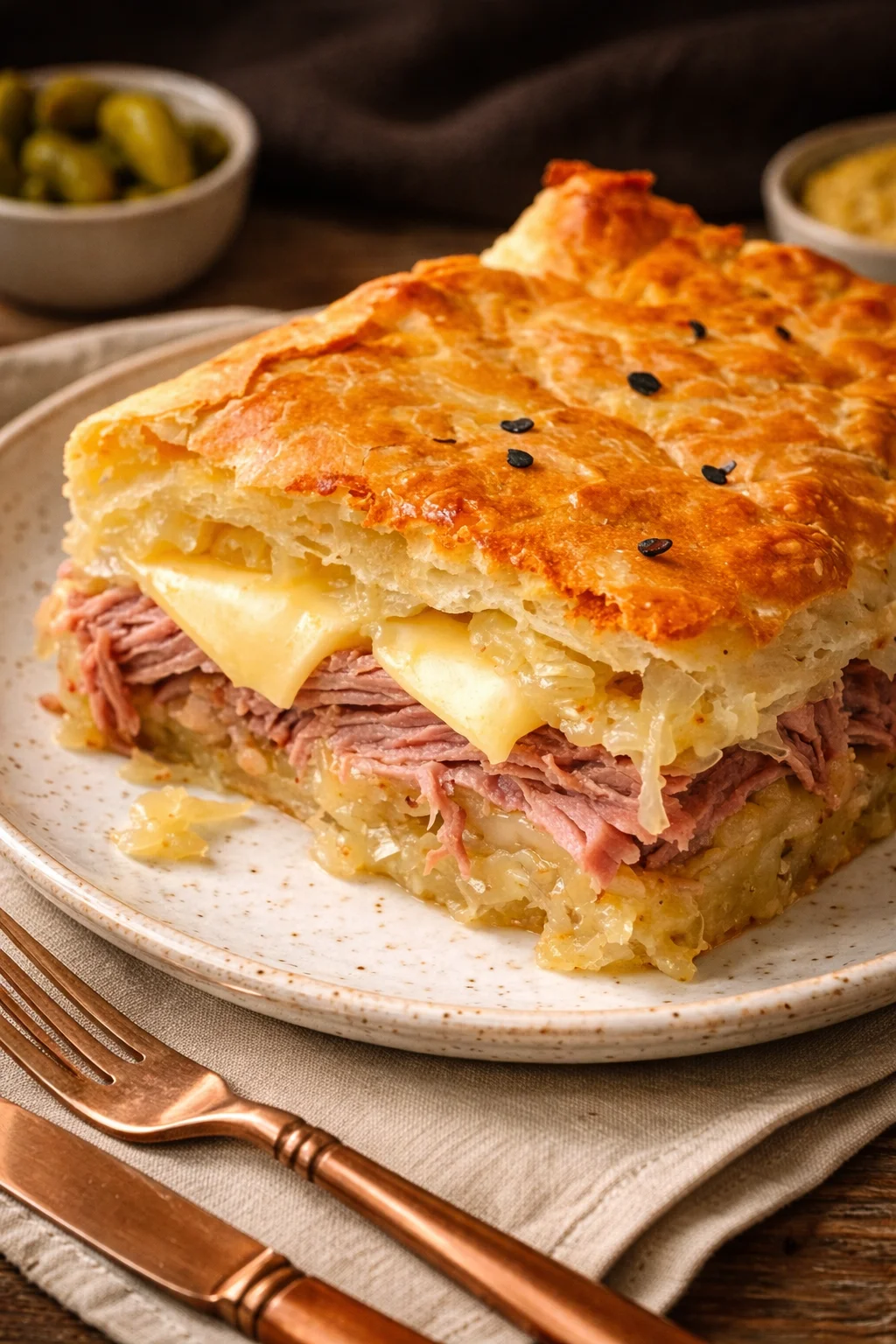 Delicious Reuben Crescent Bake with layers of flavors in a warm pastry
