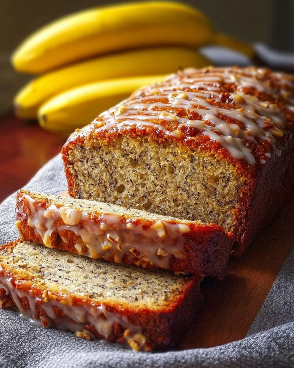 Slice of rich banana bread served on a plate with bananas in the background.