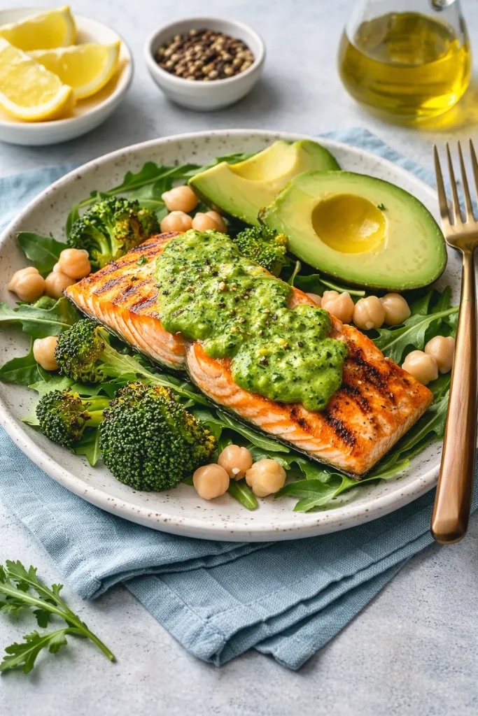 Roasted salmon served with chickpeas, broccoli, and avocado salad on a plate.