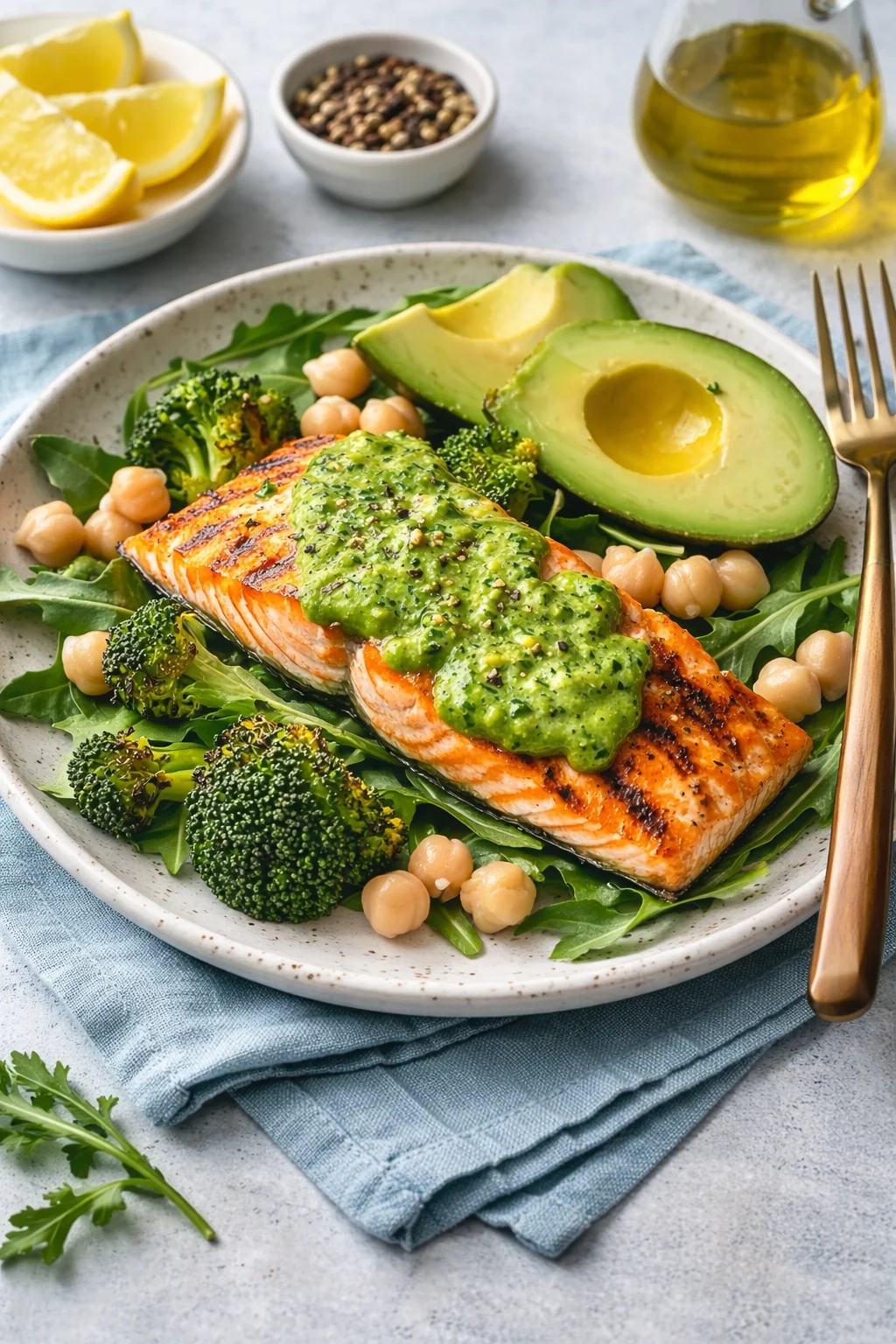 Roasted Salmon with Chickpeas, Broccoli, and Avocado Salad Roasted salmon served with chickpeas, broccoli, and avocado salad on a plate.