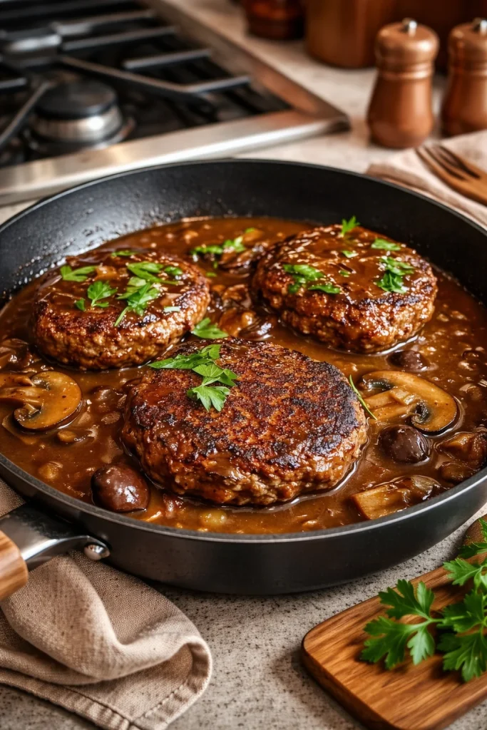 Delicious homemade Salisbury steak served with gravy and mashed potatoes.