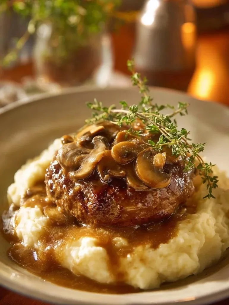 Plate of Salisbury Steak topped with rich mushroom gravy