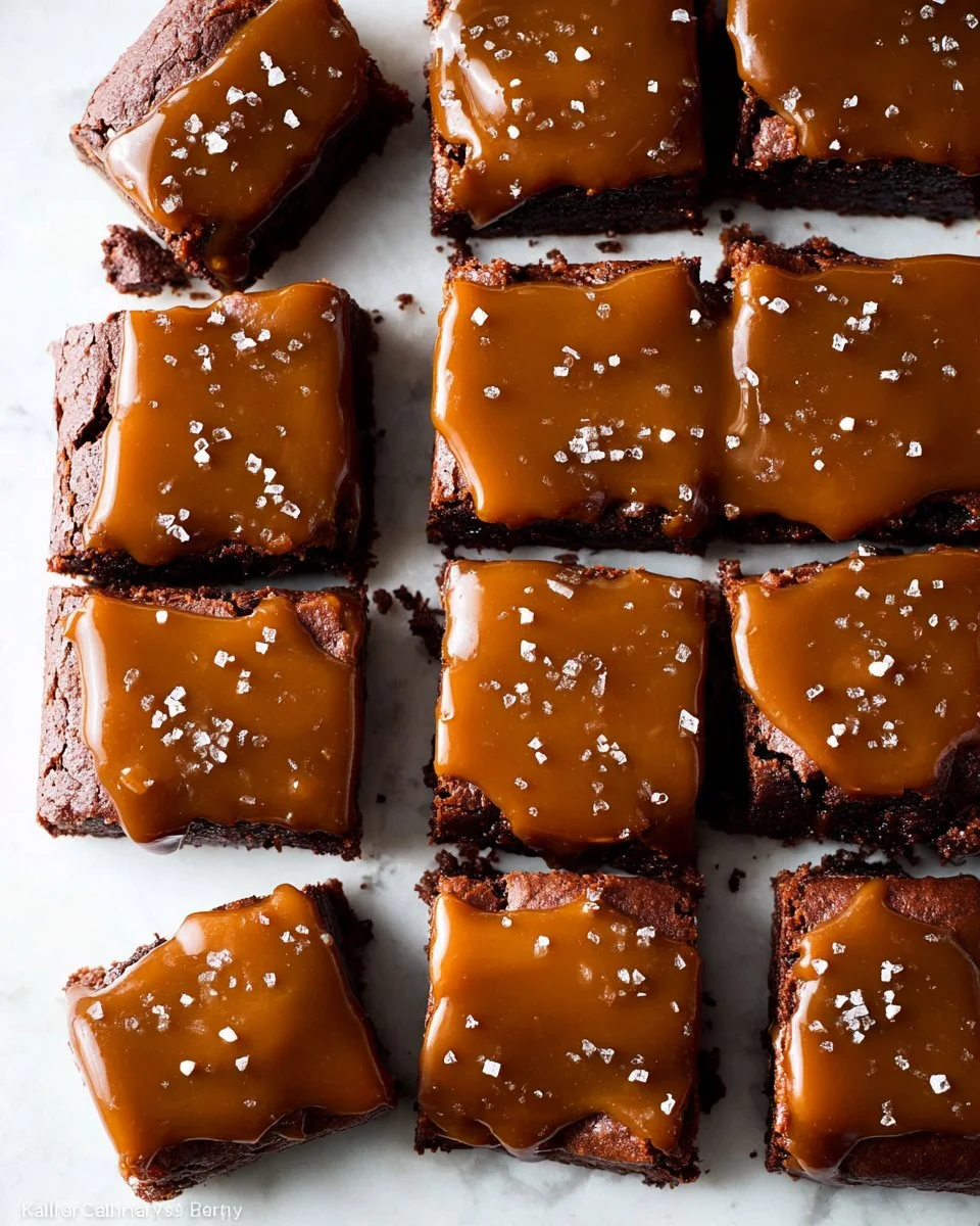 Delicious salted caramel turtle brownies topped with nuts and caramel drizzle