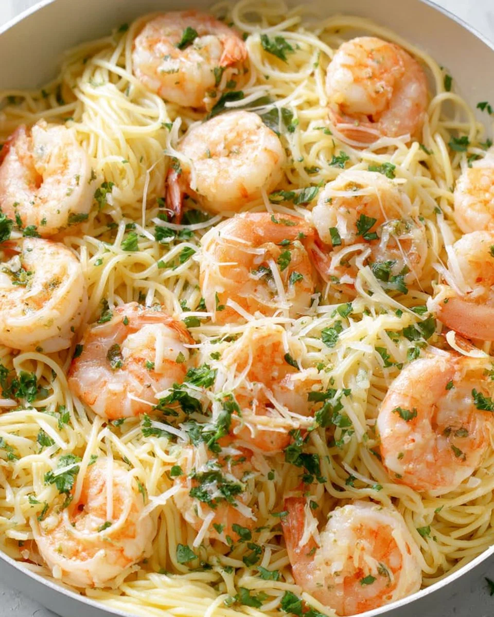 Sautéed lemon garlic butter shrimp pasta in a bowl garnished with parsley