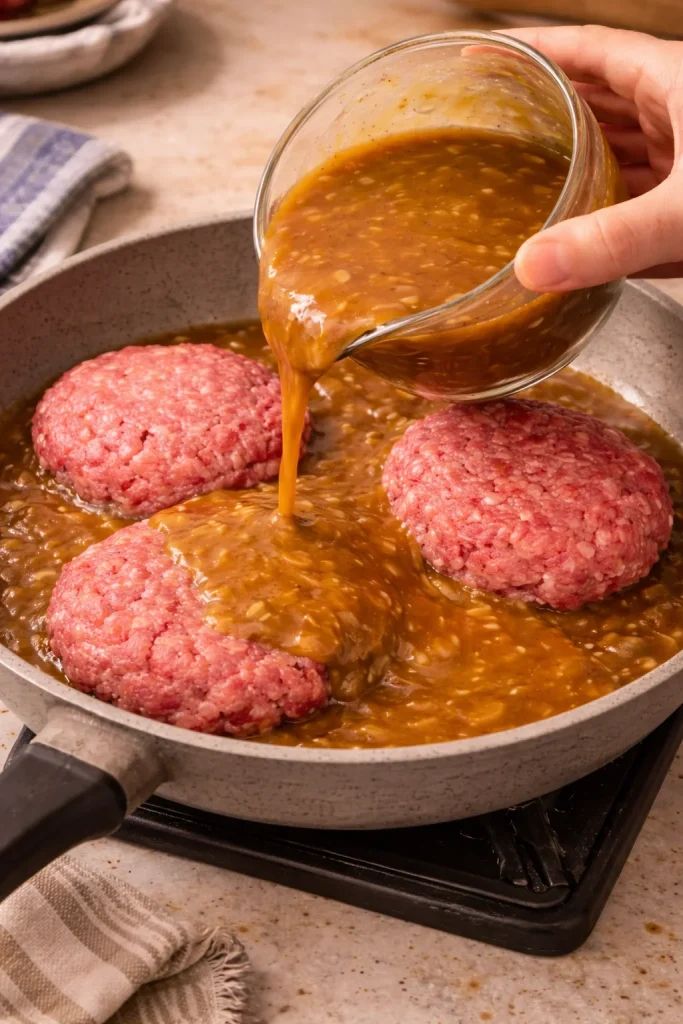 Savory skillet beef patties served with rich gravy on a plate