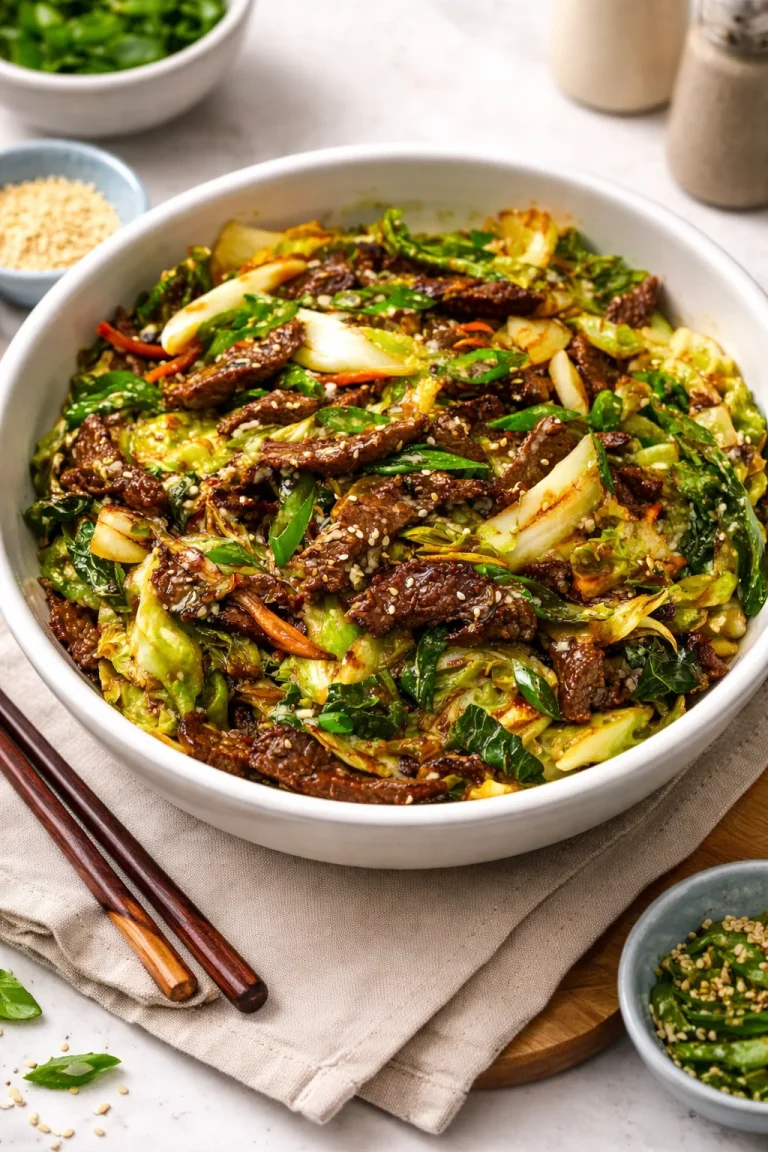 Delicious Sesame Beef Stir-Fry with cabbage and sesame sauce in a vibrant bowl.