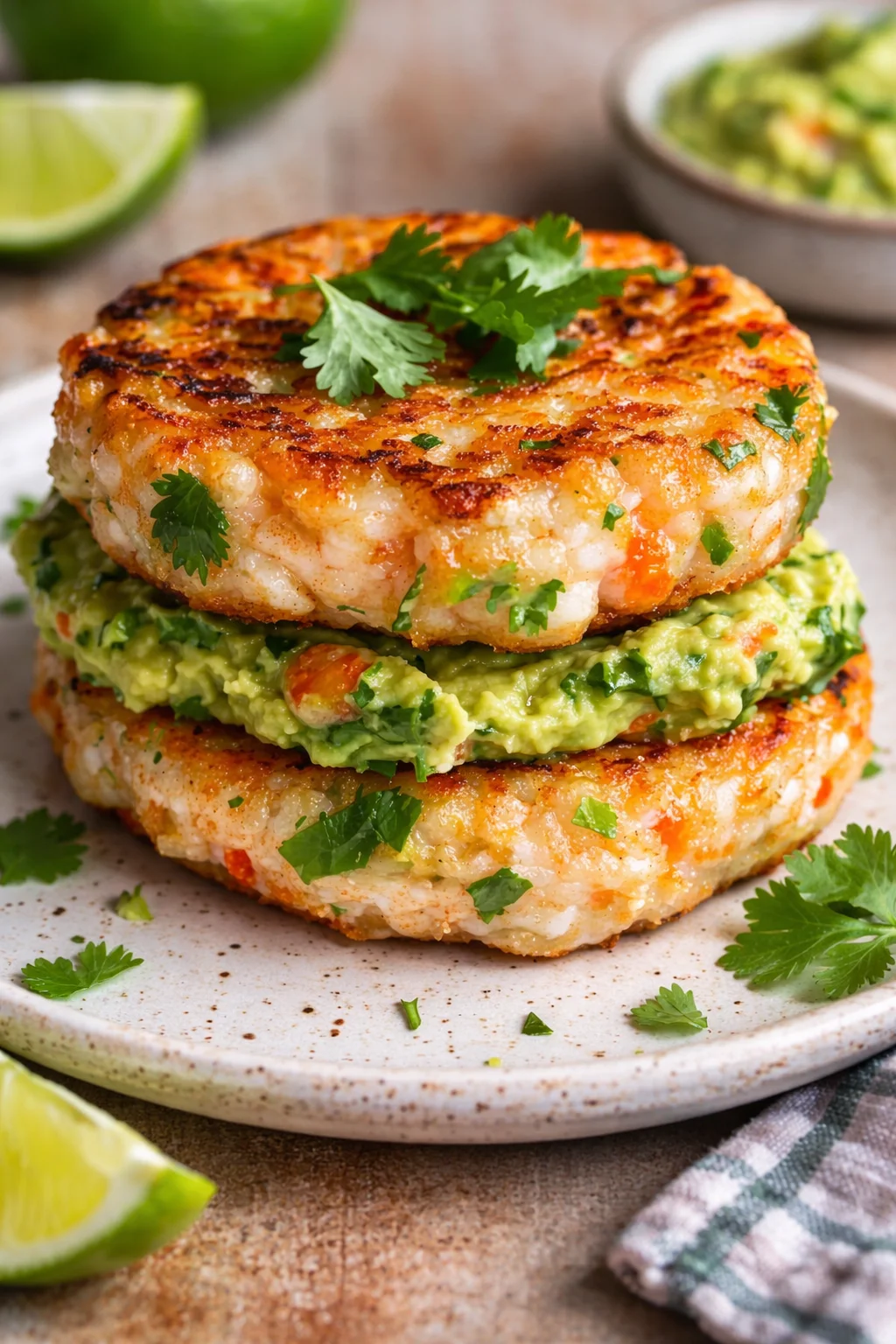 Shrimp burgers topped with cilantro and guacamole served on a plate