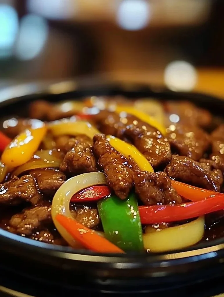 Sizzling Chinese pepper steak served with onions on a plate