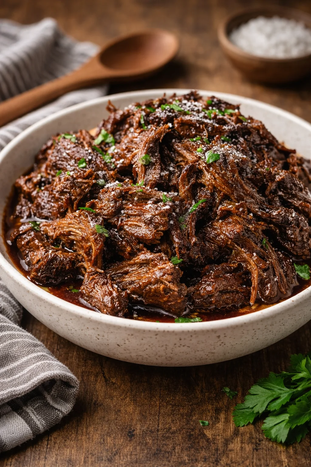 Delicious slow cooker balsamic shredded beef recipe with four simple ingredients.
