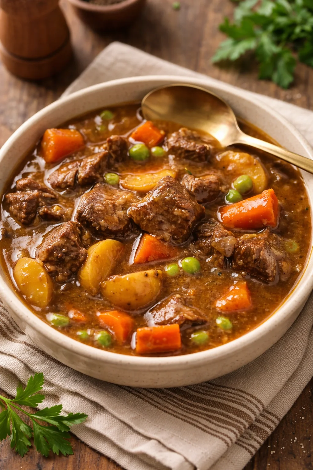 Delicious slow cooker beef stew with tender meat and fresh vegetables in a bowl.