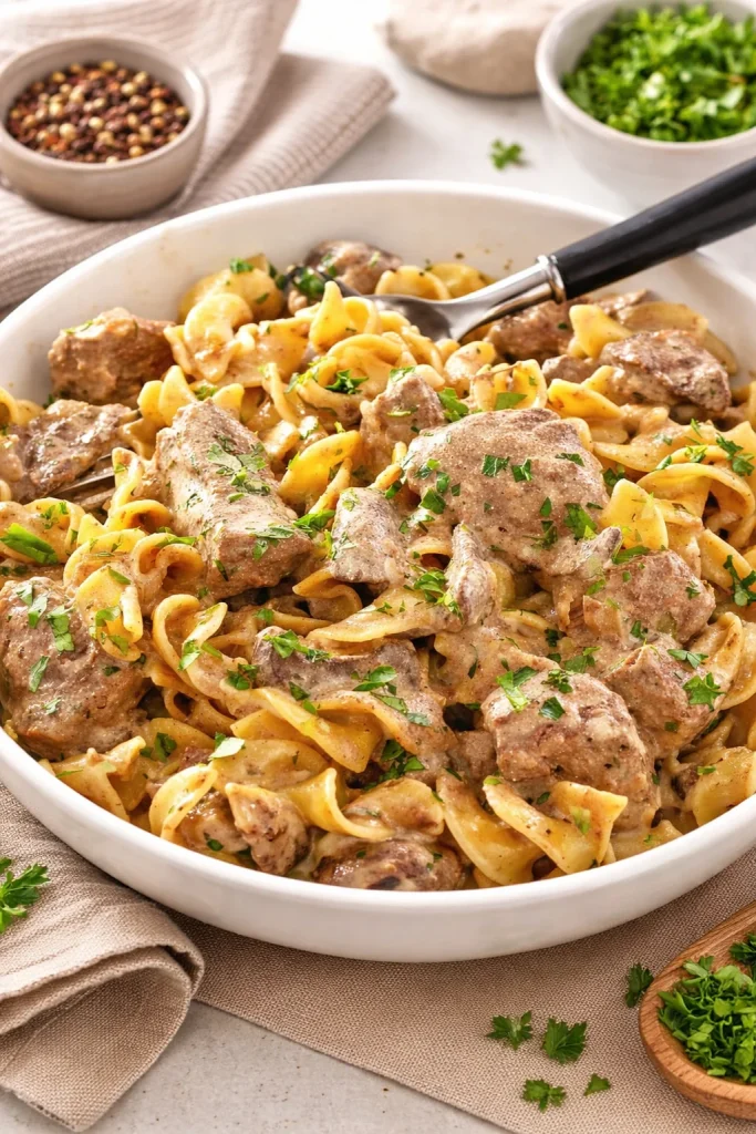 Delicious slow cooker beef stroganoff served on a plate with noodles.