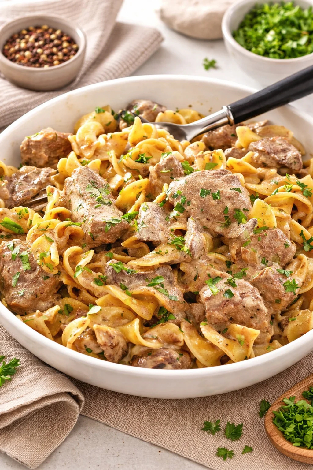 Delicious slow cooker beef stroganoff served on a plate with noodles.