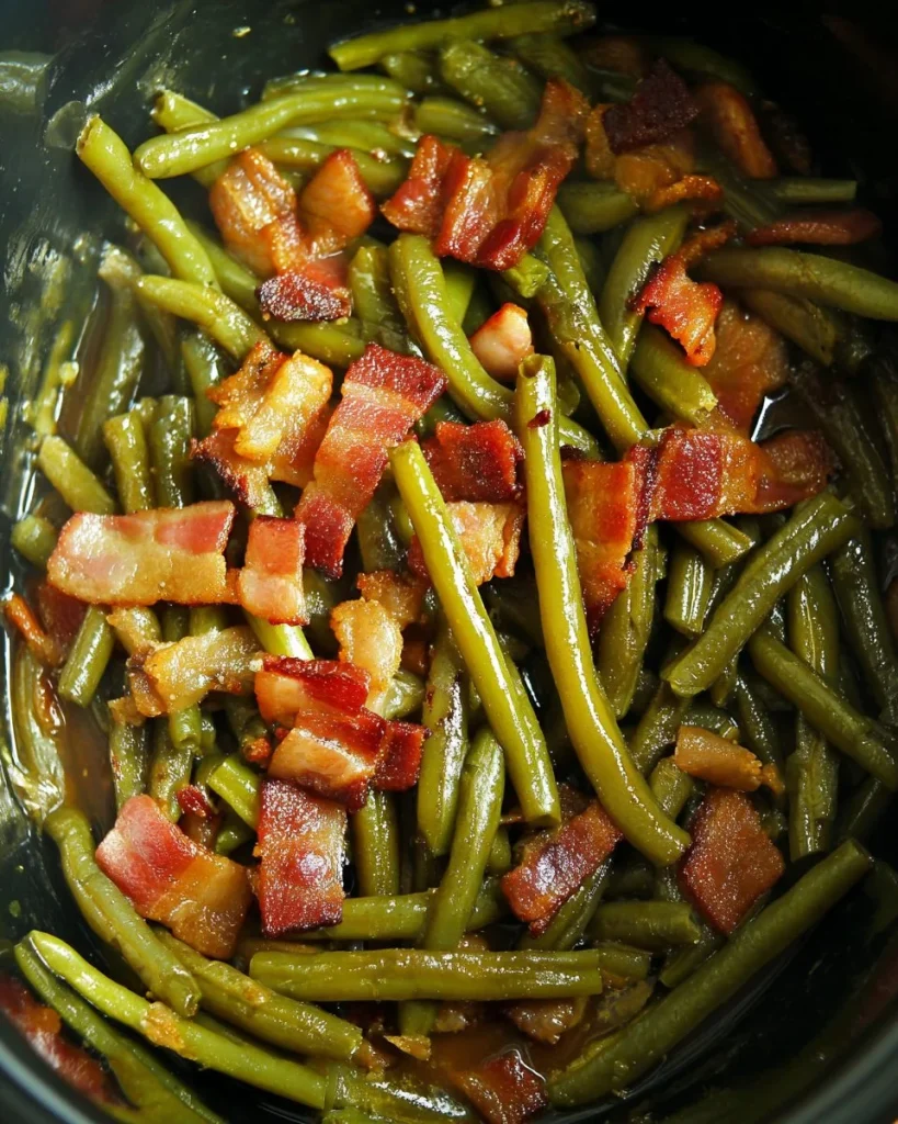 Slow cooker buttery bacon green beans dish prepared in a crockpot