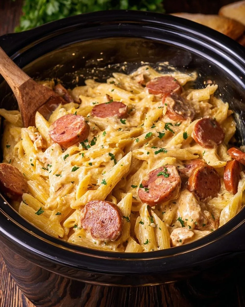Slow Cooker Cajun Sausage Alfredo Slow Cooker Cajun Sausage Alfredo dish with creamy sauce and sausage