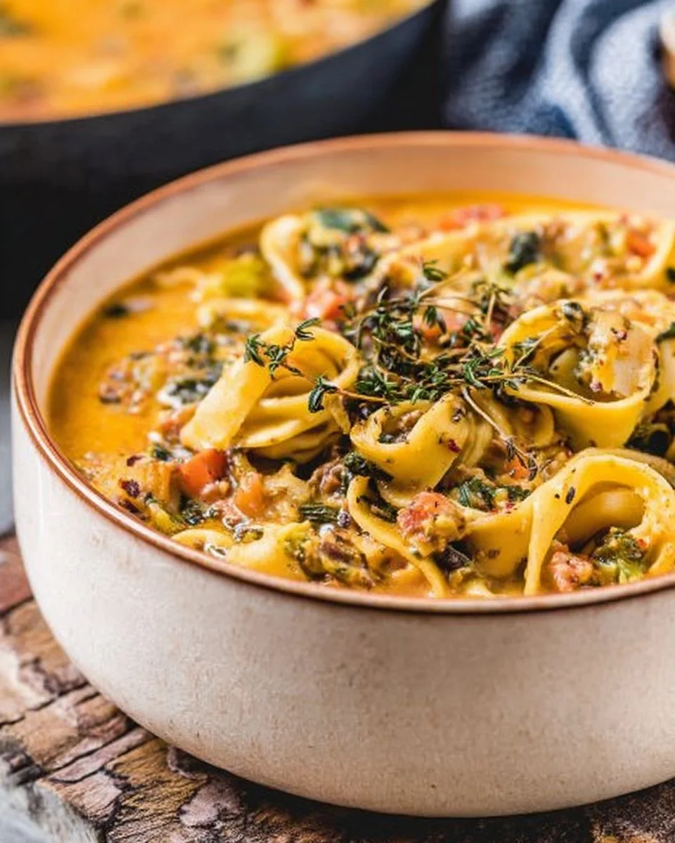 Bowl of Slow Cooker Creamy Tortellini Soup, garnished with herbs.
