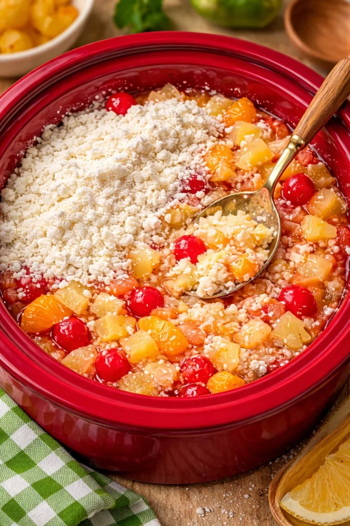 Delicious slow cooker fruit dump cake topped with fresh fruit and cake mix