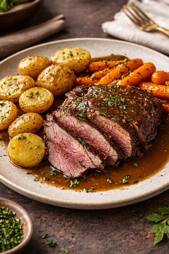 Slow cooker pot roast with vegetables in a hearty meal setting