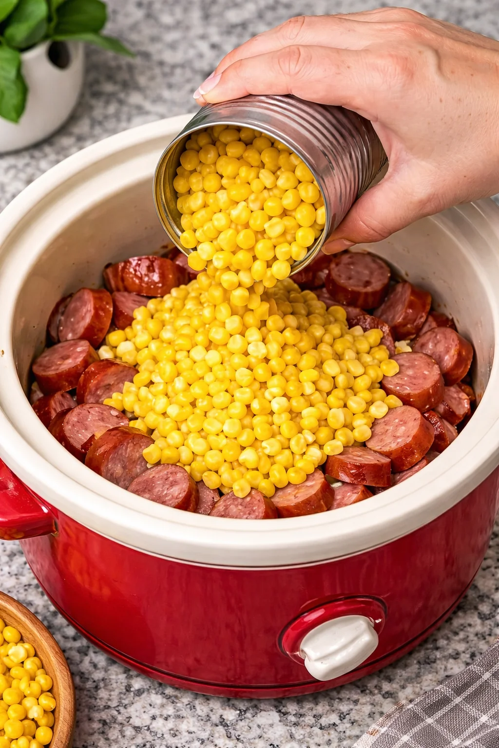 slow cooker sweet corn smoked sausage Slow cooker sweet corn smoked sausage dish served in a bowl