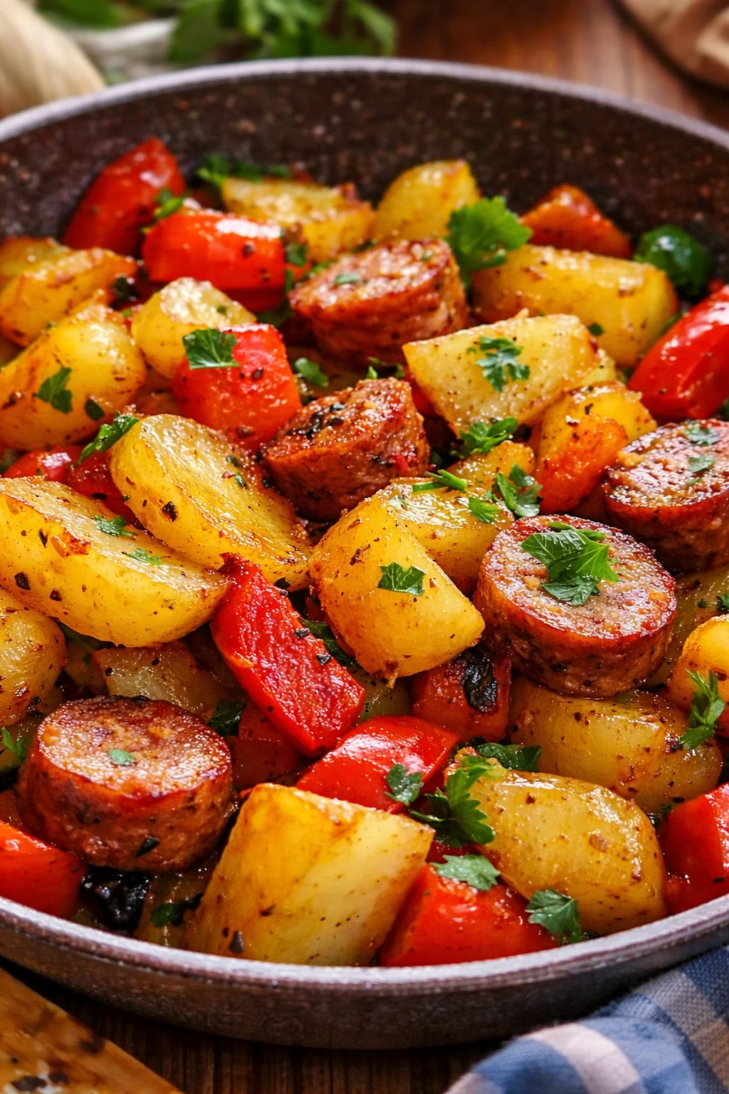 Smoked sausage and potatoes skillet garnished with herbs.