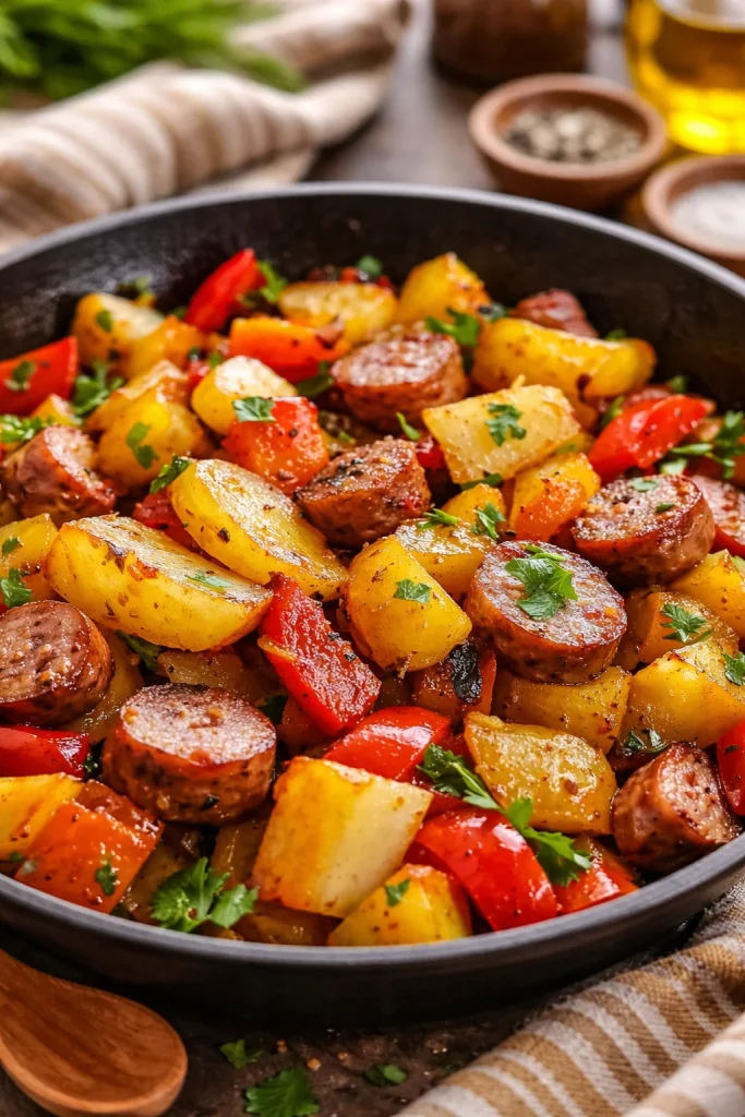 Delicious smoked sausage and potatoes cooked in a skillet