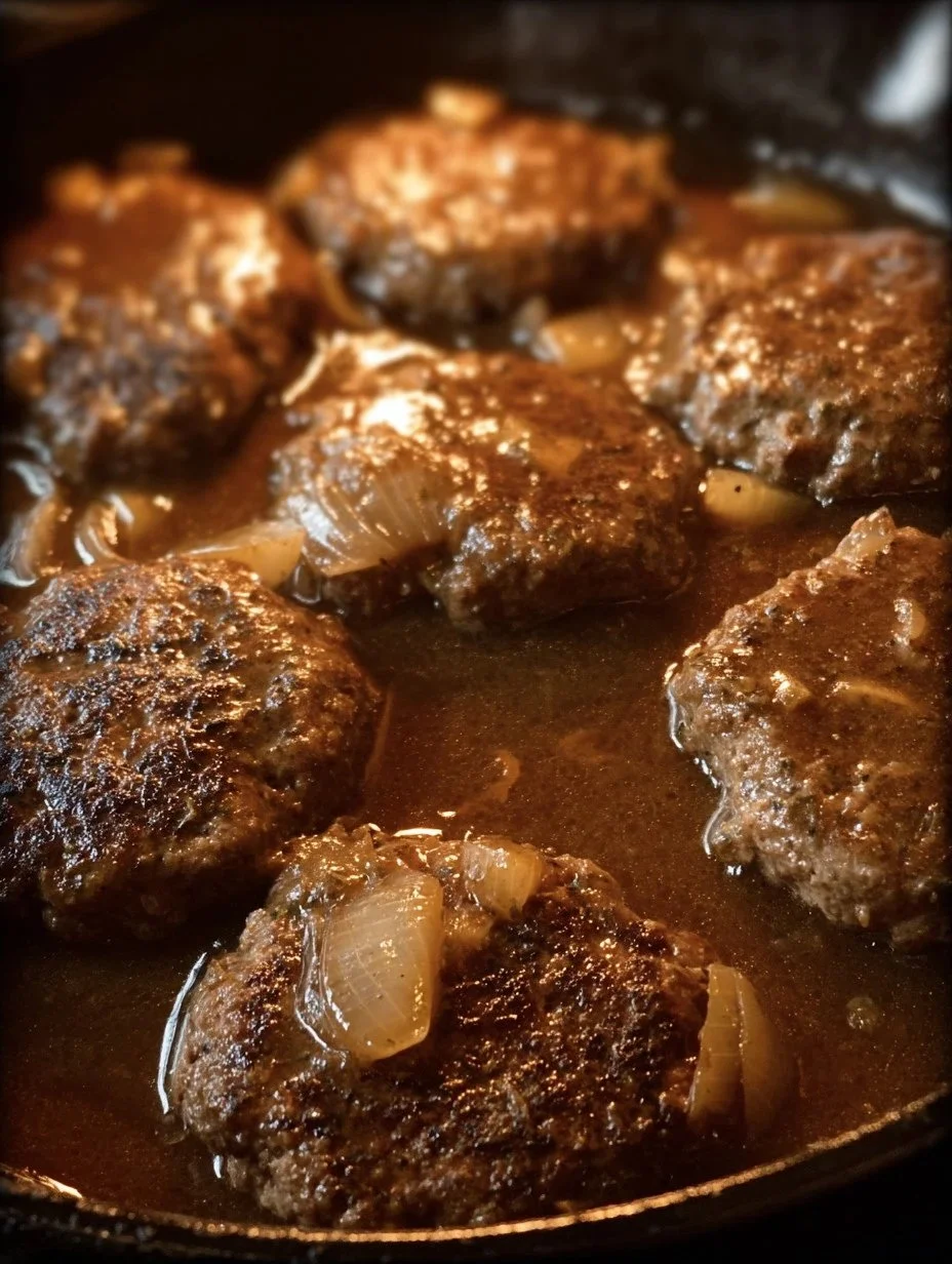 Smothered hamburger steak served with flavorful gravy and sides.