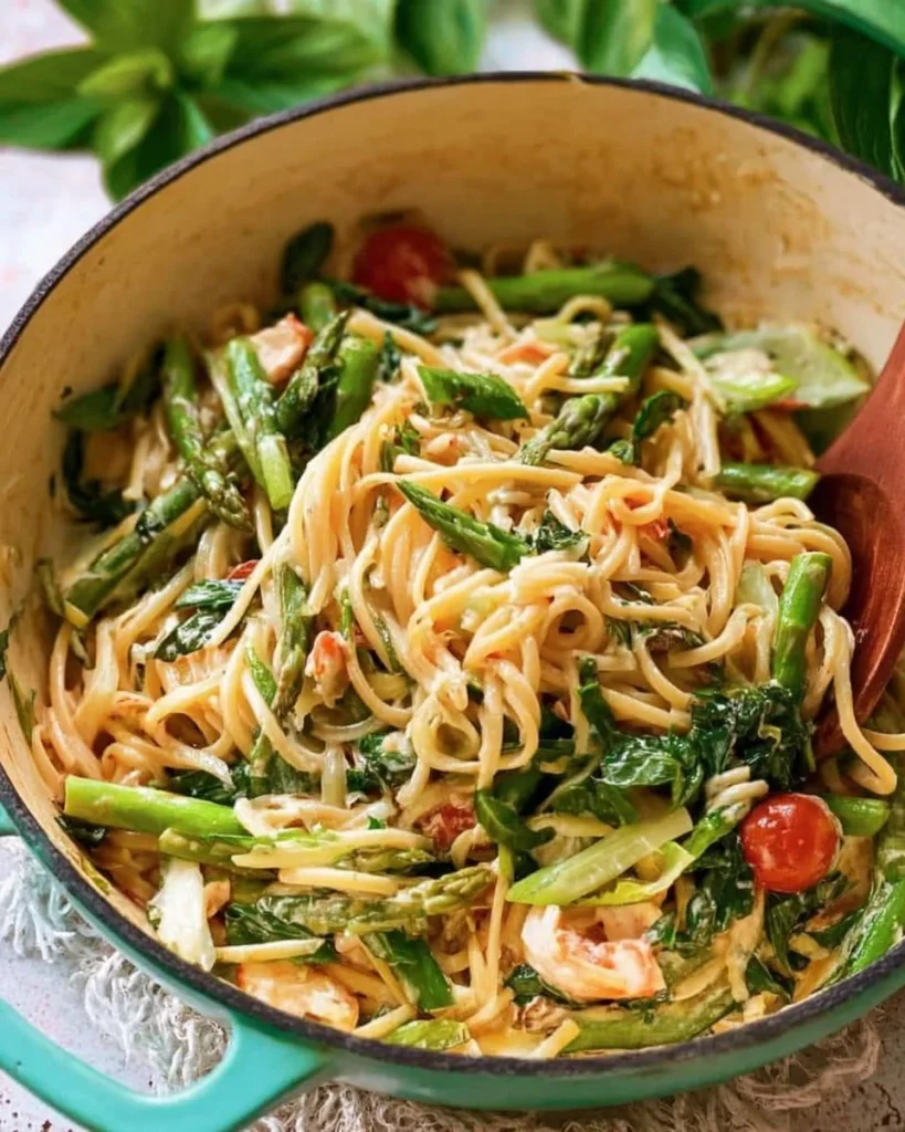 A colorful plate of Spring Pasta topped with fresh vegetables and herbs.