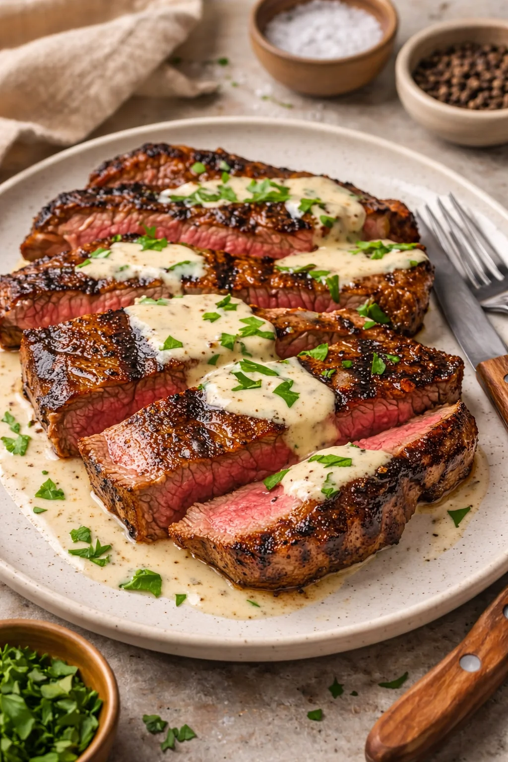 Delicious steak served with creamy garlic sauce on a plate